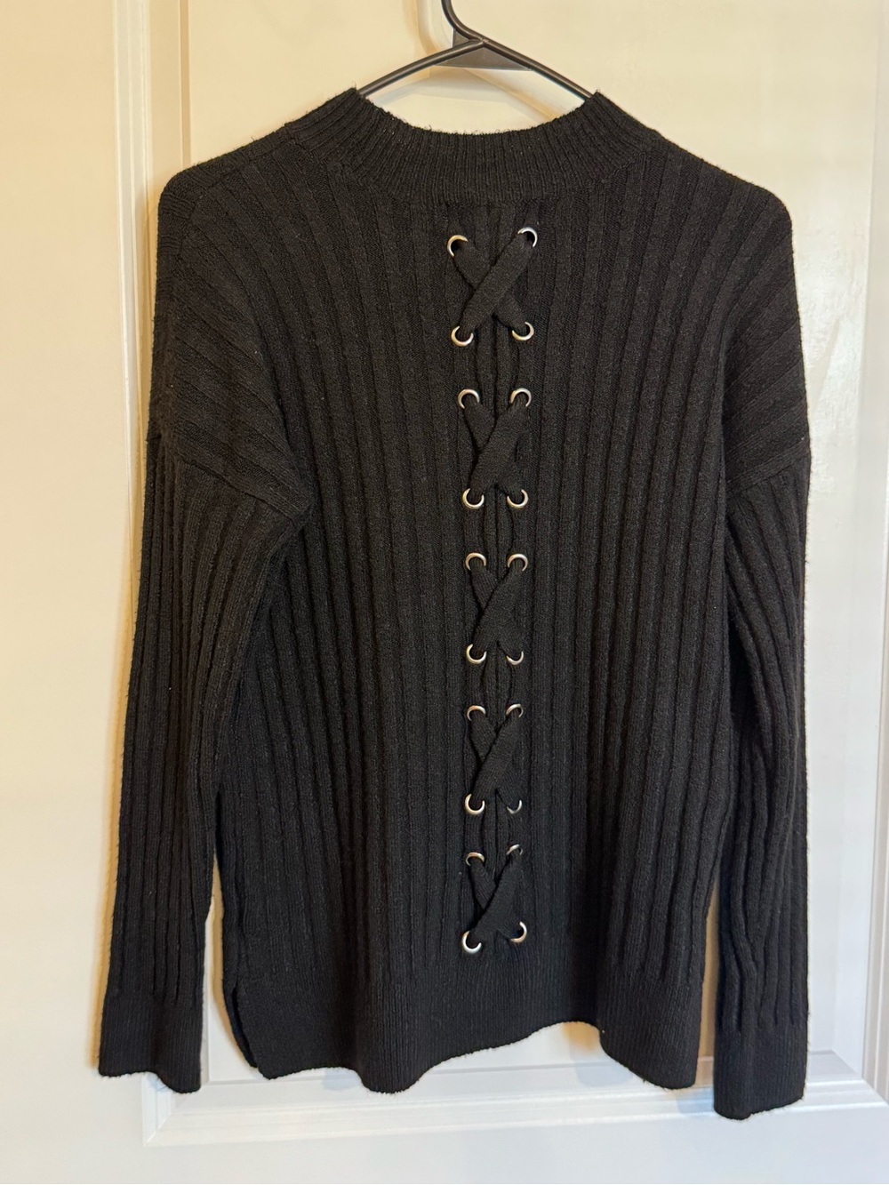 Pink Republic Black Ribbed Knit Sweater with Crisscross Detail on Back, Size S
